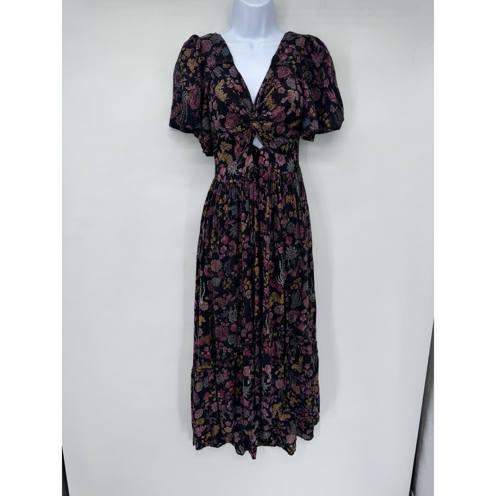 ANGIE Boho Floral Smocked Dress Festival front slit babydoll bloomcore cottage M - Picture 4 of 14